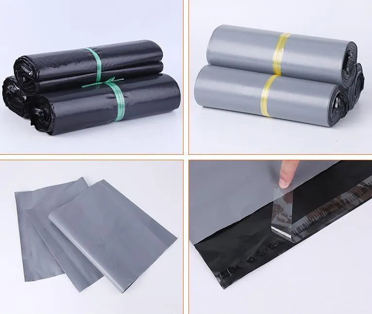 Bundle of 100 clear plastic courier clothing bags in multiple sizes with adhesive closure stickers.