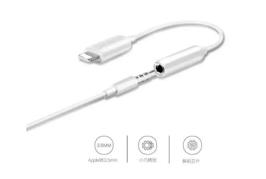 White Lightning to 3.5mm audio adapter for iPhone compatibility.