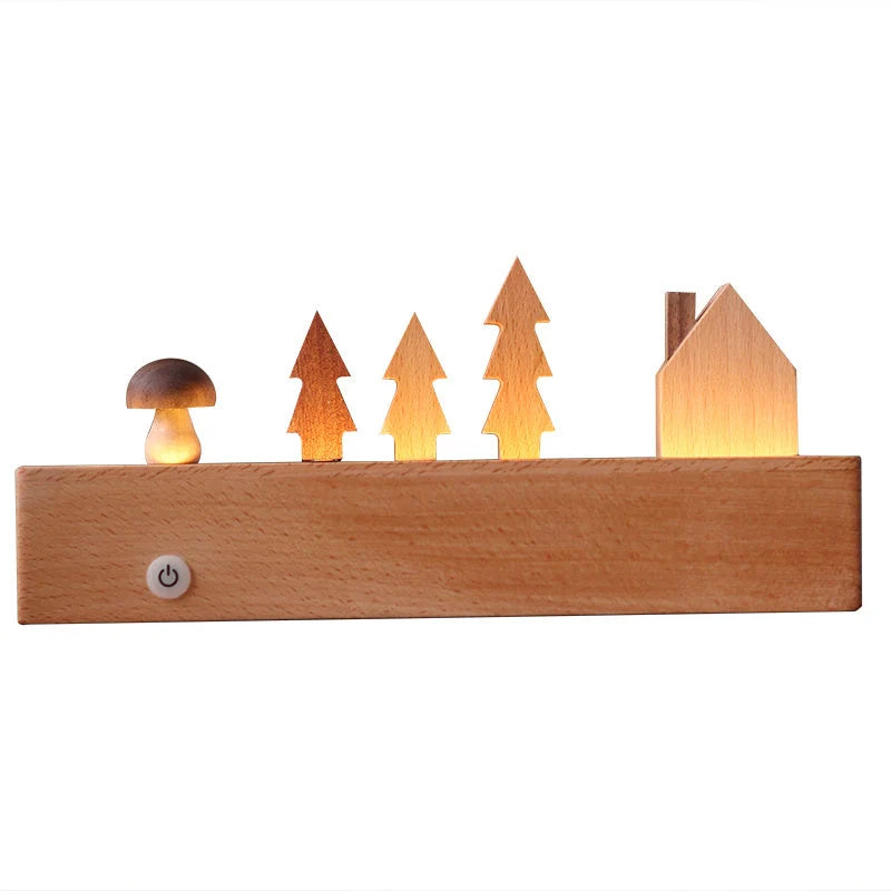 Minimalist LED Forest Hut Night Light in wood color with USB power