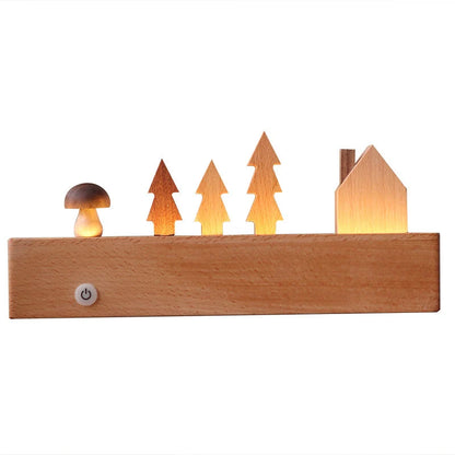 Minimalist LED Forest Hut Night Light in wood color with USB power