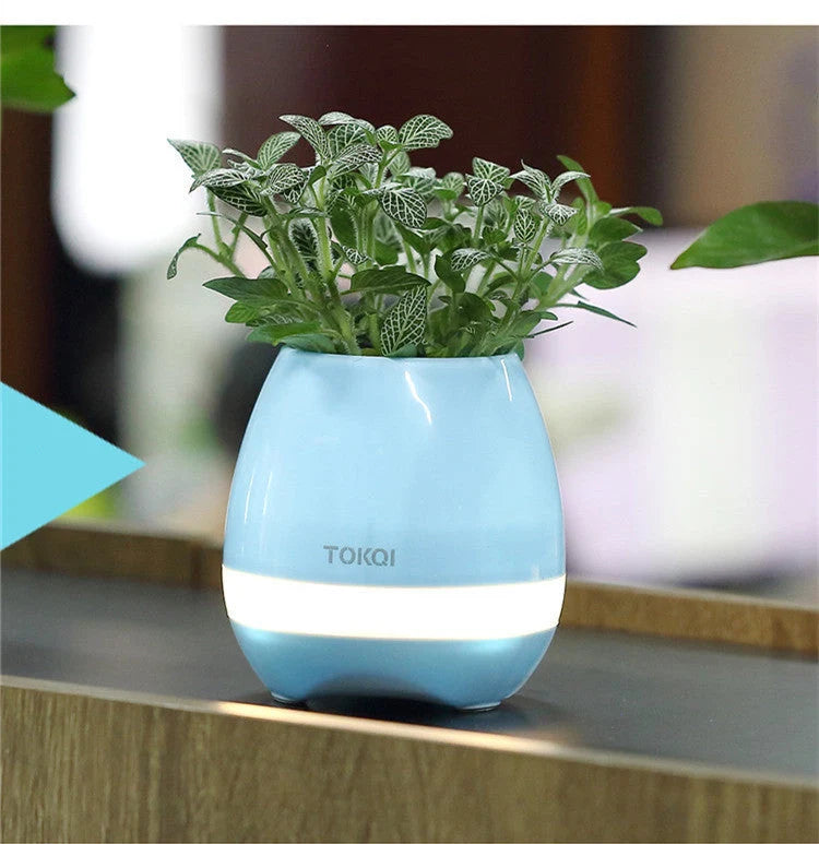 Touch-sensitive music vase desktop audio in pink, blue, and white