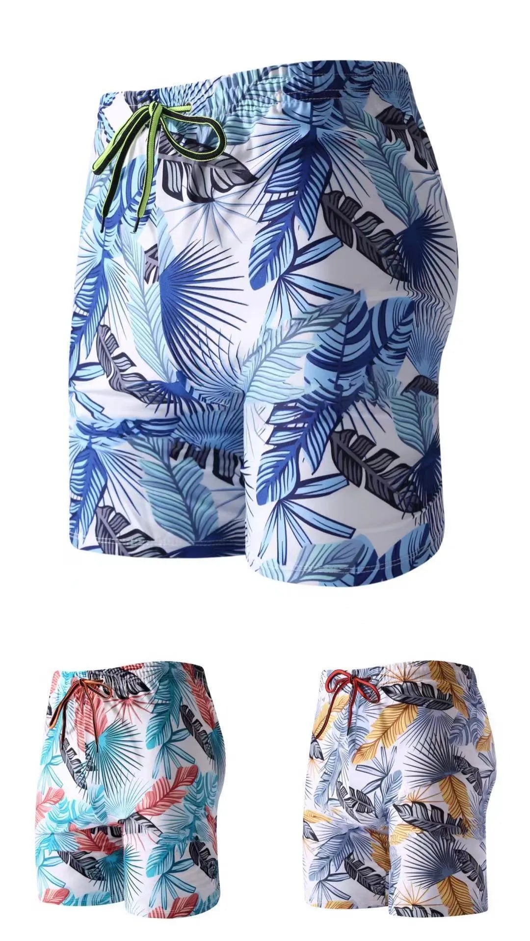 Men's cropped beach pants swimming trunks in multicolour leaf pattern with polyester spandex fabric