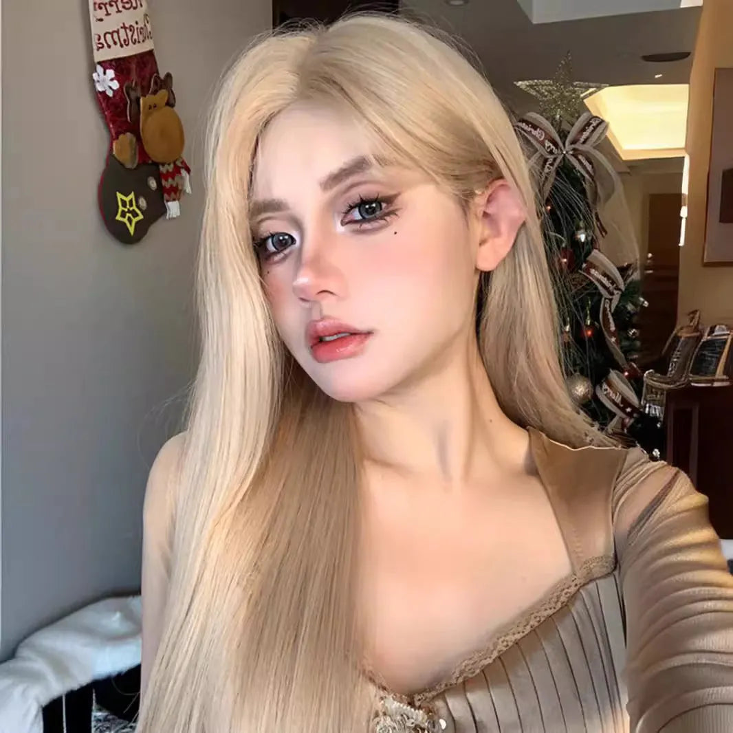 Milk tea gold blonde long straight synthetic wig with high temperature fibre construction