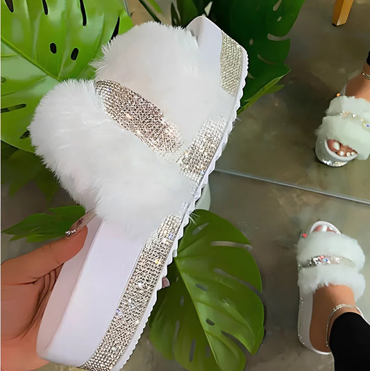 Women's bling reversible fur slide slippers in black with 6-8cm wedge heel, rhinestone accents, and non-slip sole