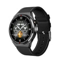 Black smartwatch with 1.28 inch screen on a silicone strap, showing health metrics display.
