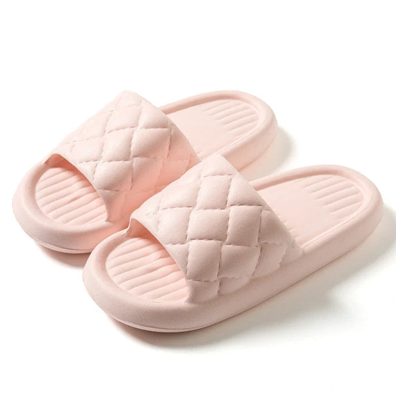 Stylish and comfortable rhombus-patterned slippers for indoor and bathroom use, featuring breathable, waterproof, and non-slip design in multiple vibrant colors.