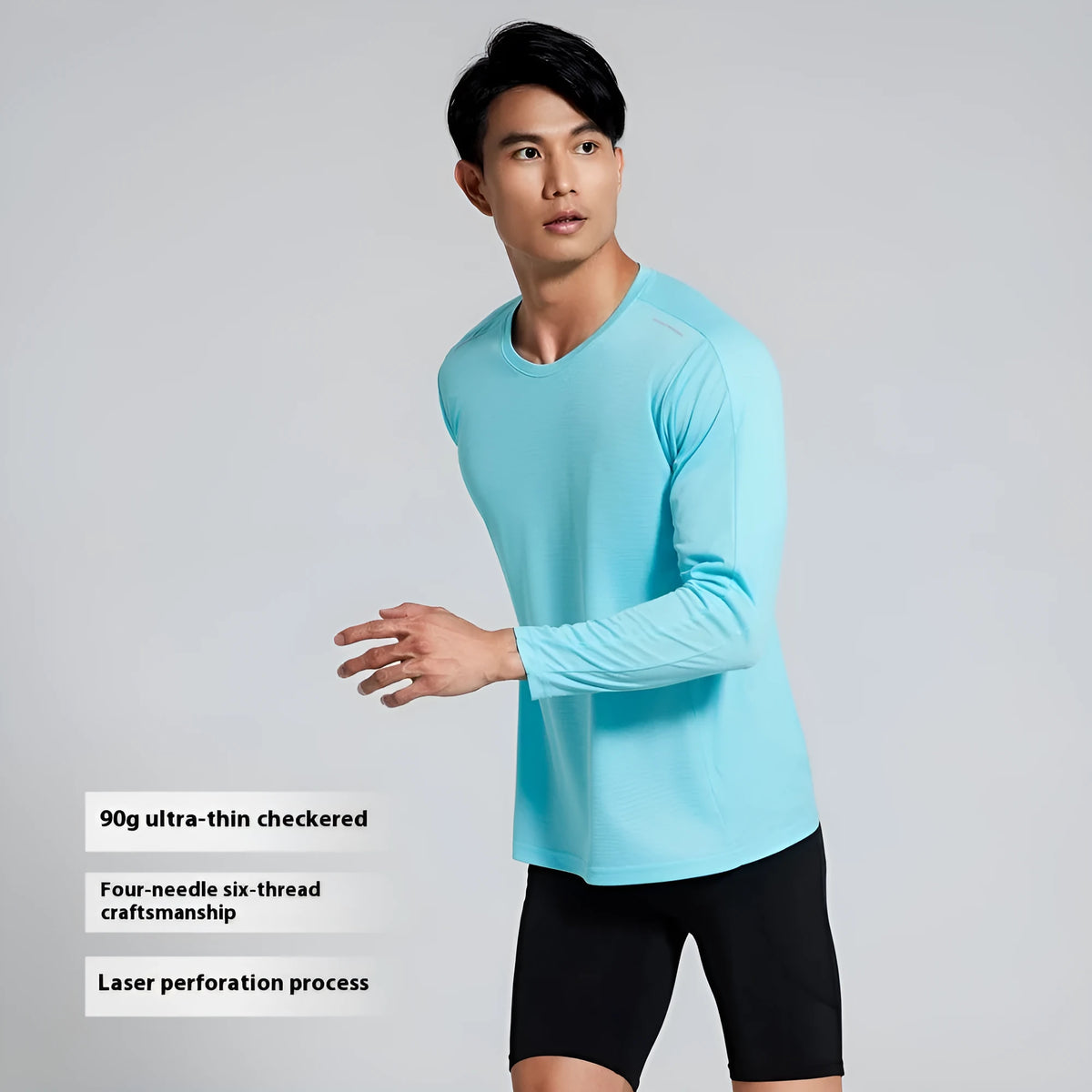 Men's solid colour quick-drying polyester running top in black, white, sky blue, and fluorescent green