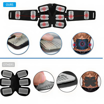 USB-rechargeable EMS abdominal muscle trainer with six electrode pads and digital control unit