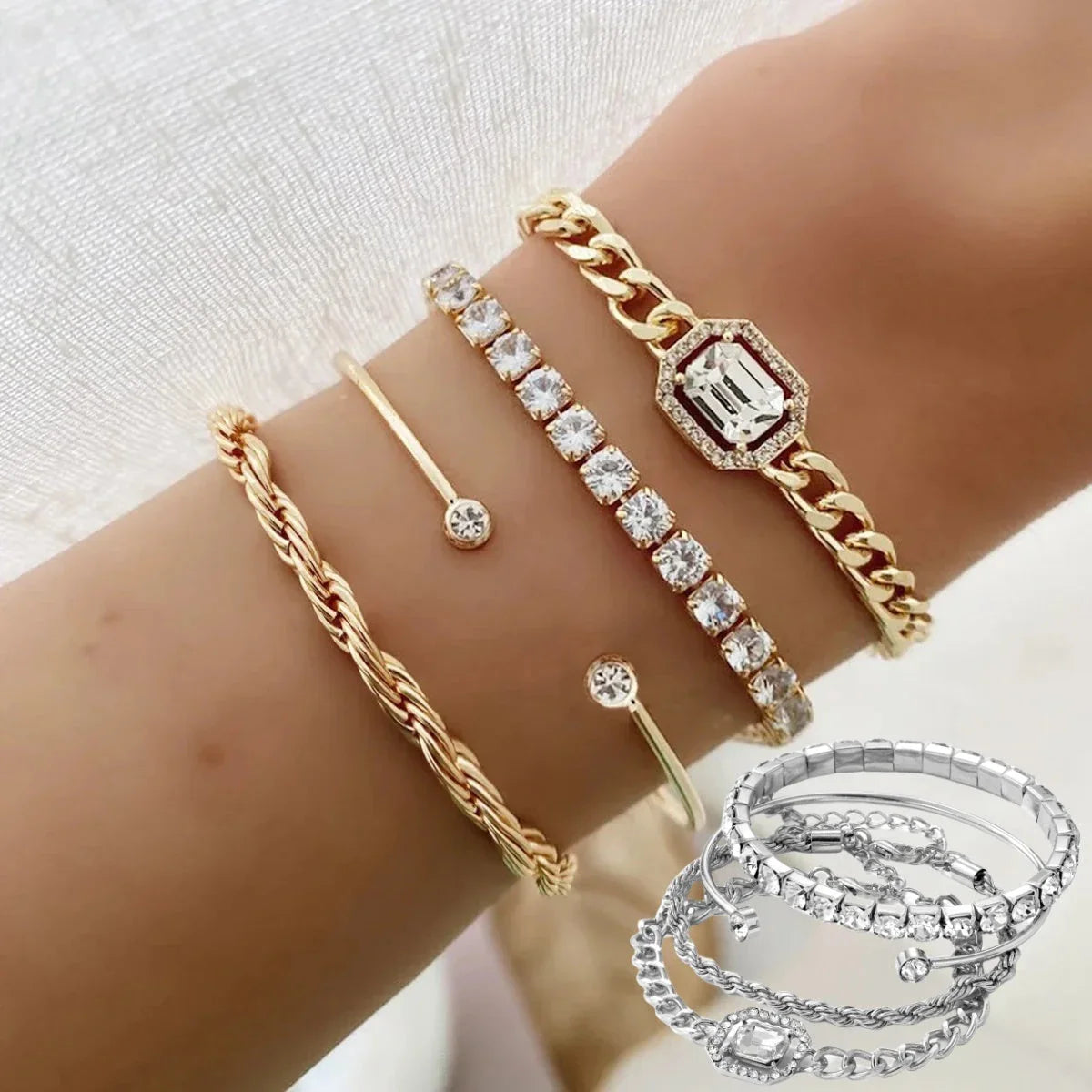 Premium 4-piece crystal bracelet set with adjustable fit and sparkling rhinestone embellishments, perfect for adding a touch of glamour to any outfit.