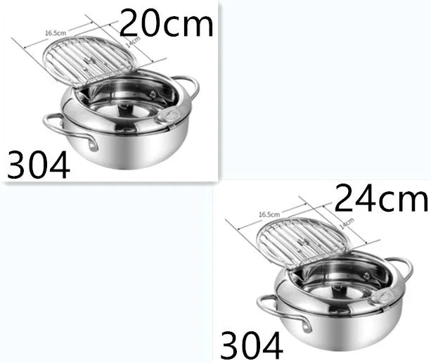 Telescopic stainless steel frying basket with removable thermometer, suitable for gas and induction cooking