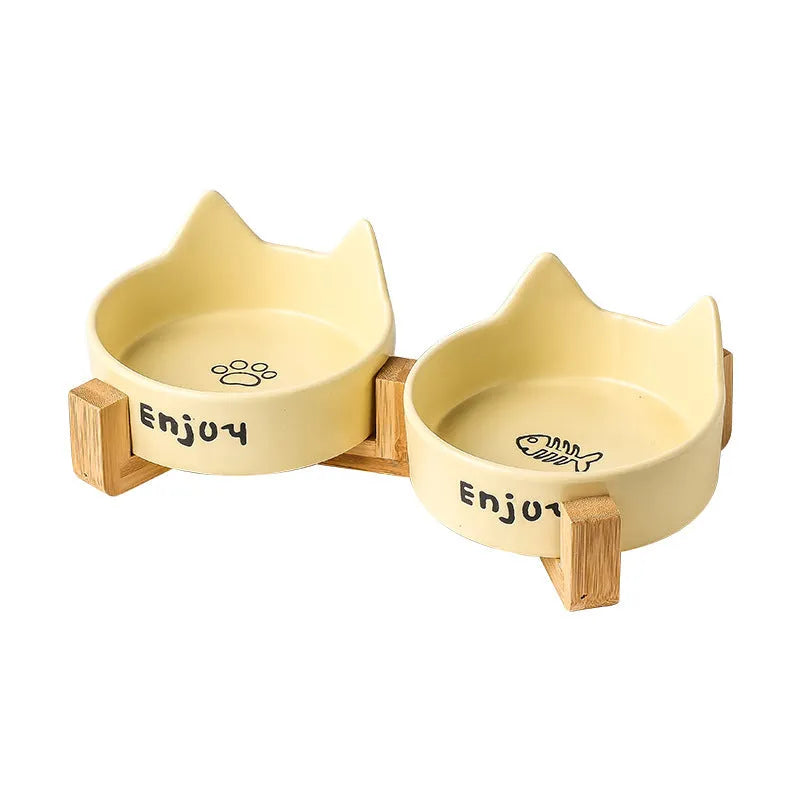 Porcelain cat bowl with cat ear design and wooden frame in choice of colours and patterns