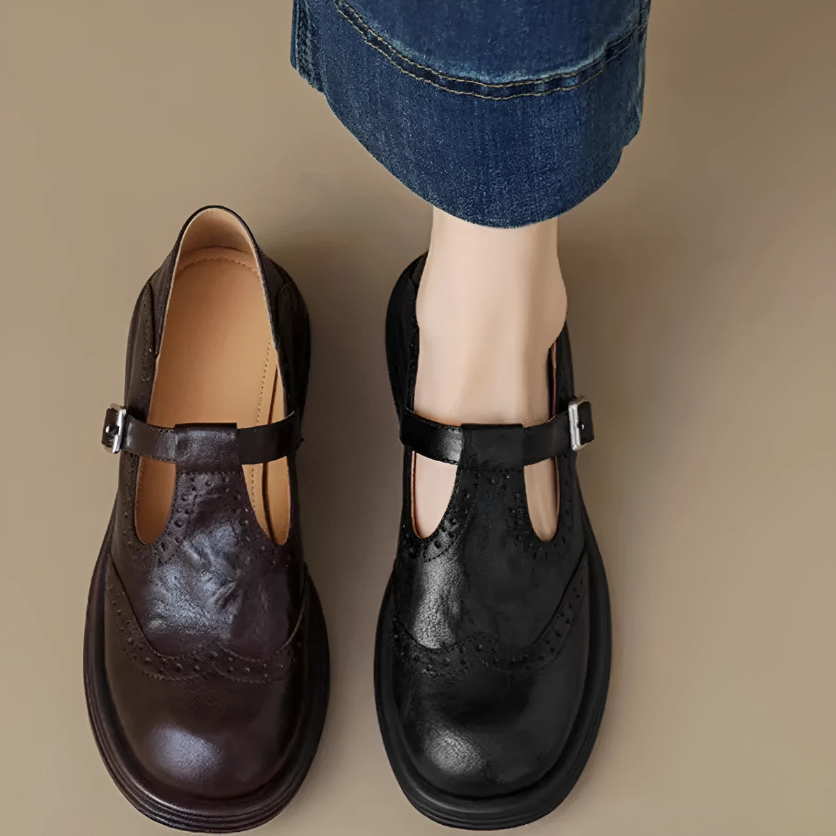 Women's casual sheepskin hollow flower flat loafers in brown, round toe, low top, T-strap style