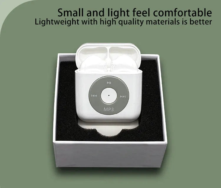 White wireless Bluetooth semi in-ear earphones with charging case on a white background.
