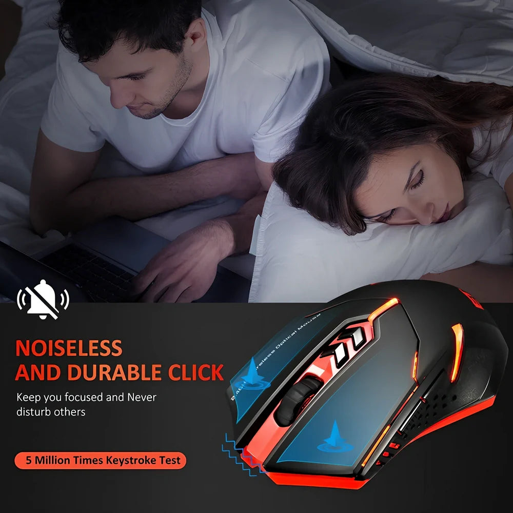 Blue wireless computer mouse with silent buttons and scroll wheel on wooden desk