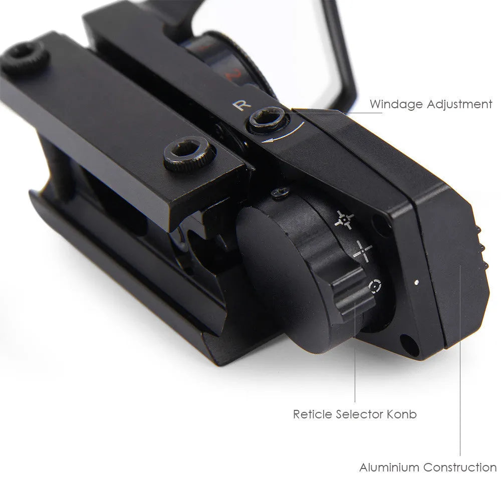 Black aluminium alloy reflex holographic sight with 22x33mm SLR lens and 4 reticles on 20mm rail mount