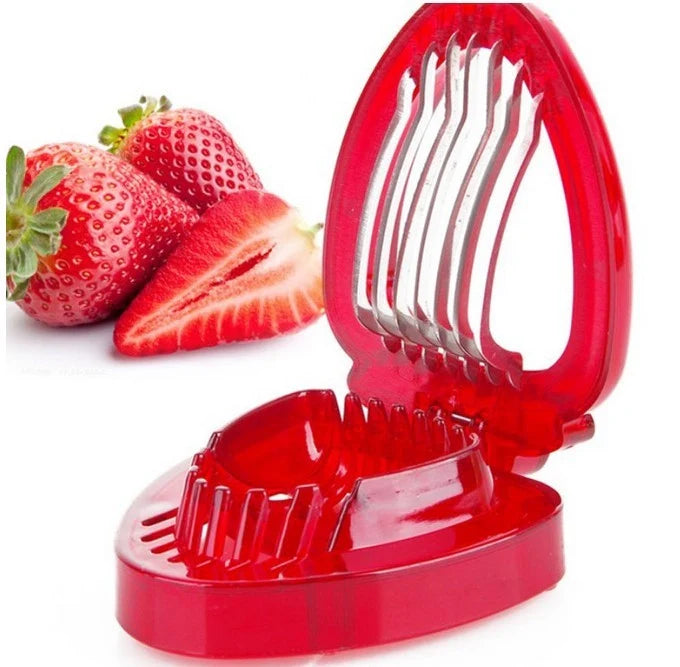 Red strawberry slicer with stainless steel blades for efficient and uniform fruit slicing