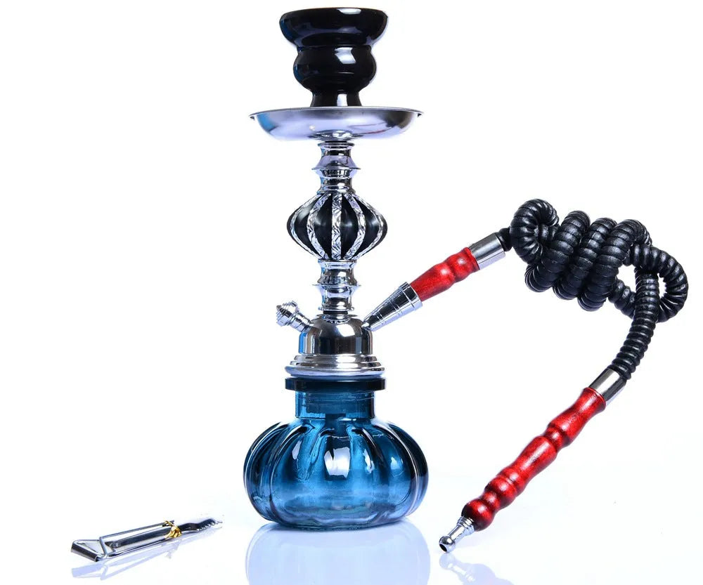 Clear glass single tube hookah bottle 26cm tall with black base on table