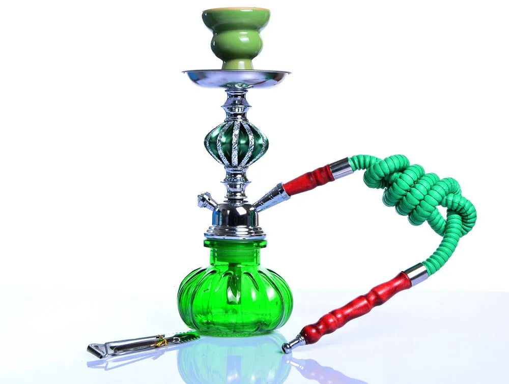 Clear glass single tube hookah bottle 26cm tall with black base on table