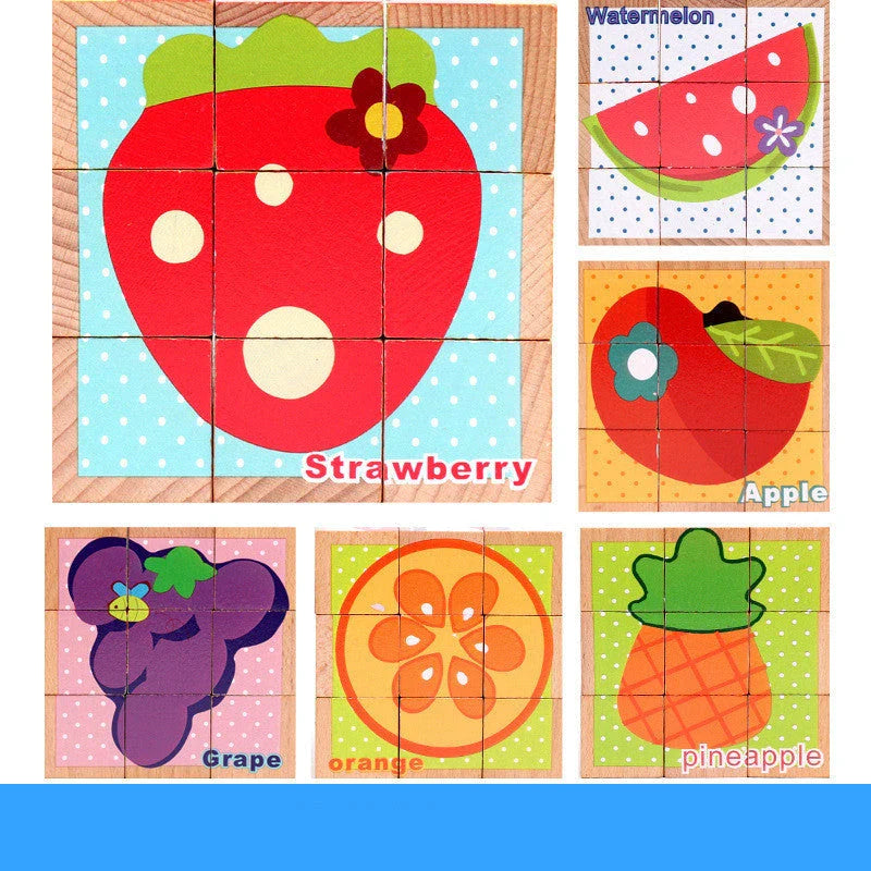 Six-face wooden jigsaw puzzle for children with six unique educational patterns