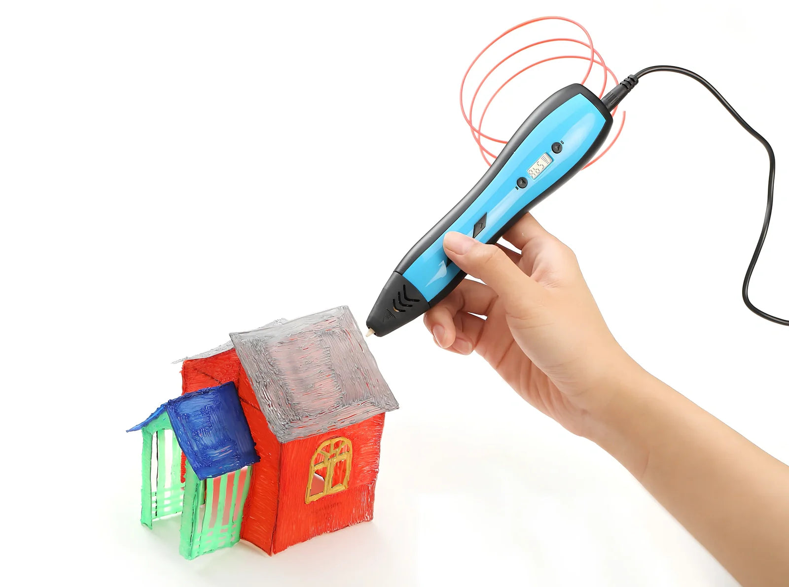 Blue children's 3D printing pen with LCD screen, 188x42x29mm size, 65g weight, 0.7mm nozzle for 1.75mm filaments