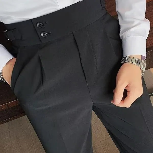 Retro high waist straight-leg trousers in cotton blend fabric showing black, brown, gray, and white colour options