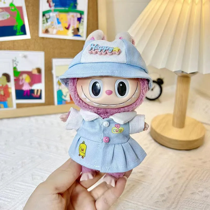 15cm doll clothes pendant in plush fabric, removable and washable, featuring a themed suit design for small dolls
