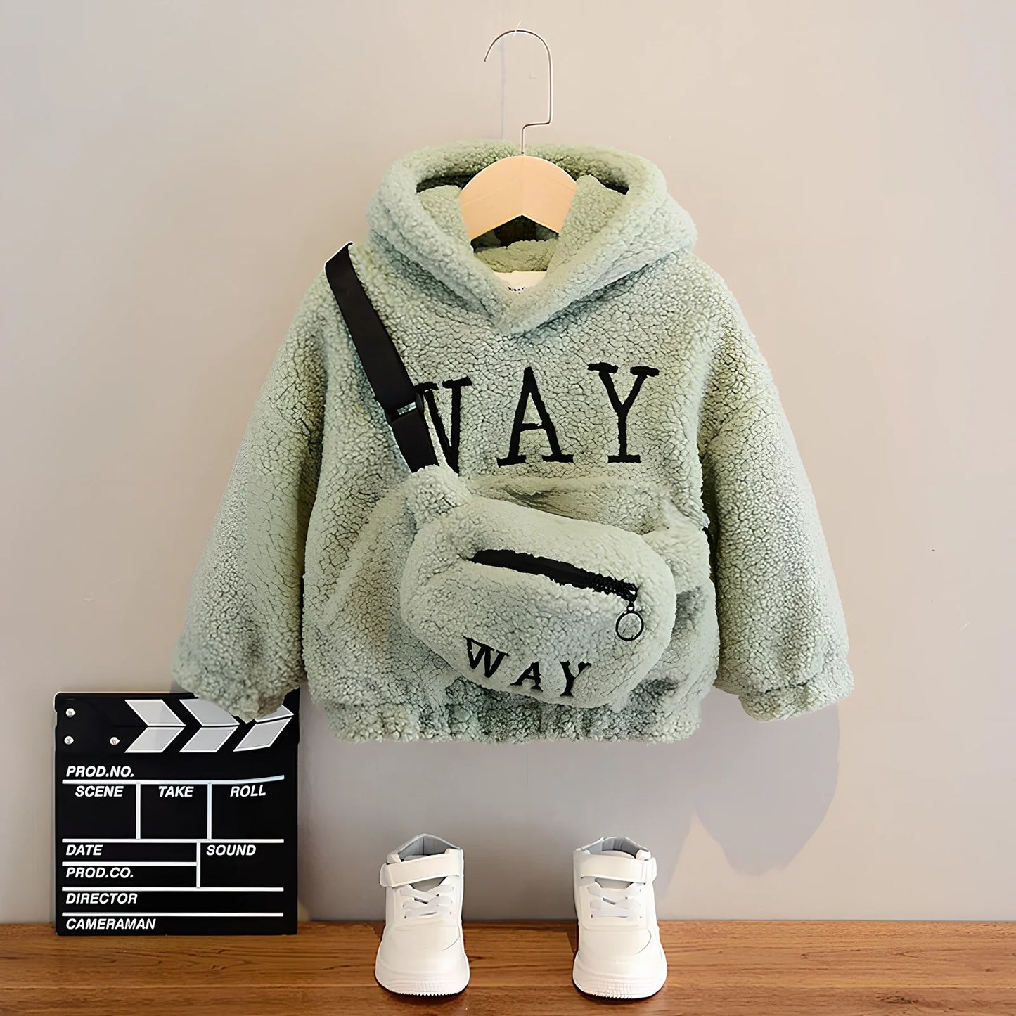 Children's cashmere fleece jacket with detachable cartoon hat in beige, green, or orange