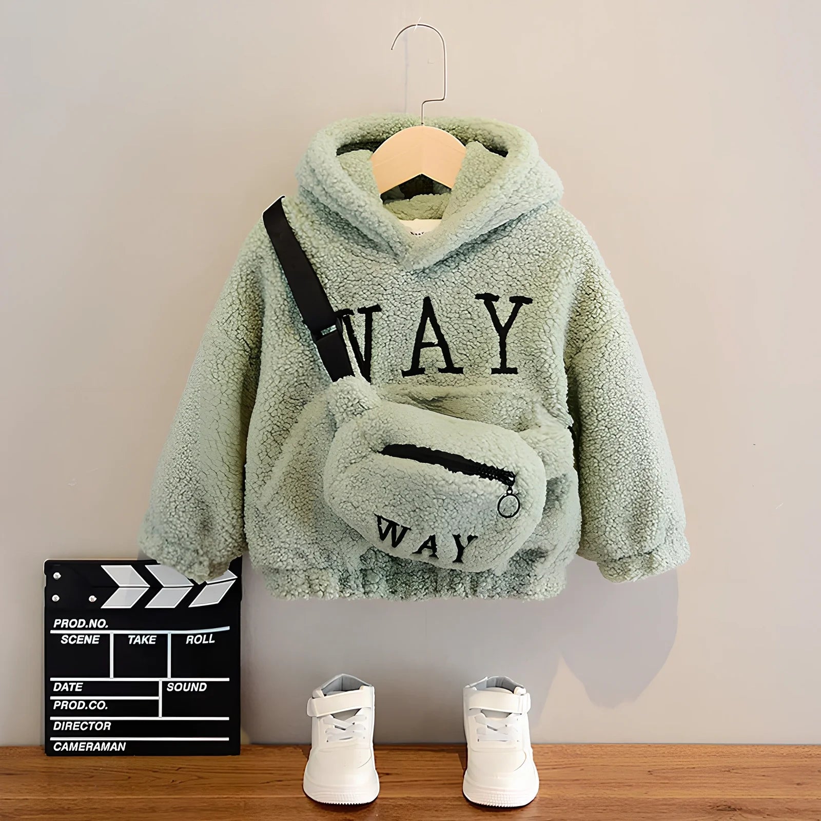 Children's cashmere fleece jacket with detachable cartoon hat in beige, green, or orange