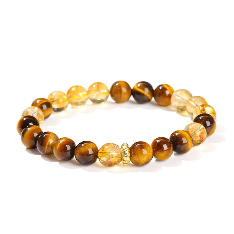 Natural yellow tiger eye stone and tower crystal bracelet with 8mm round beads in geometric design