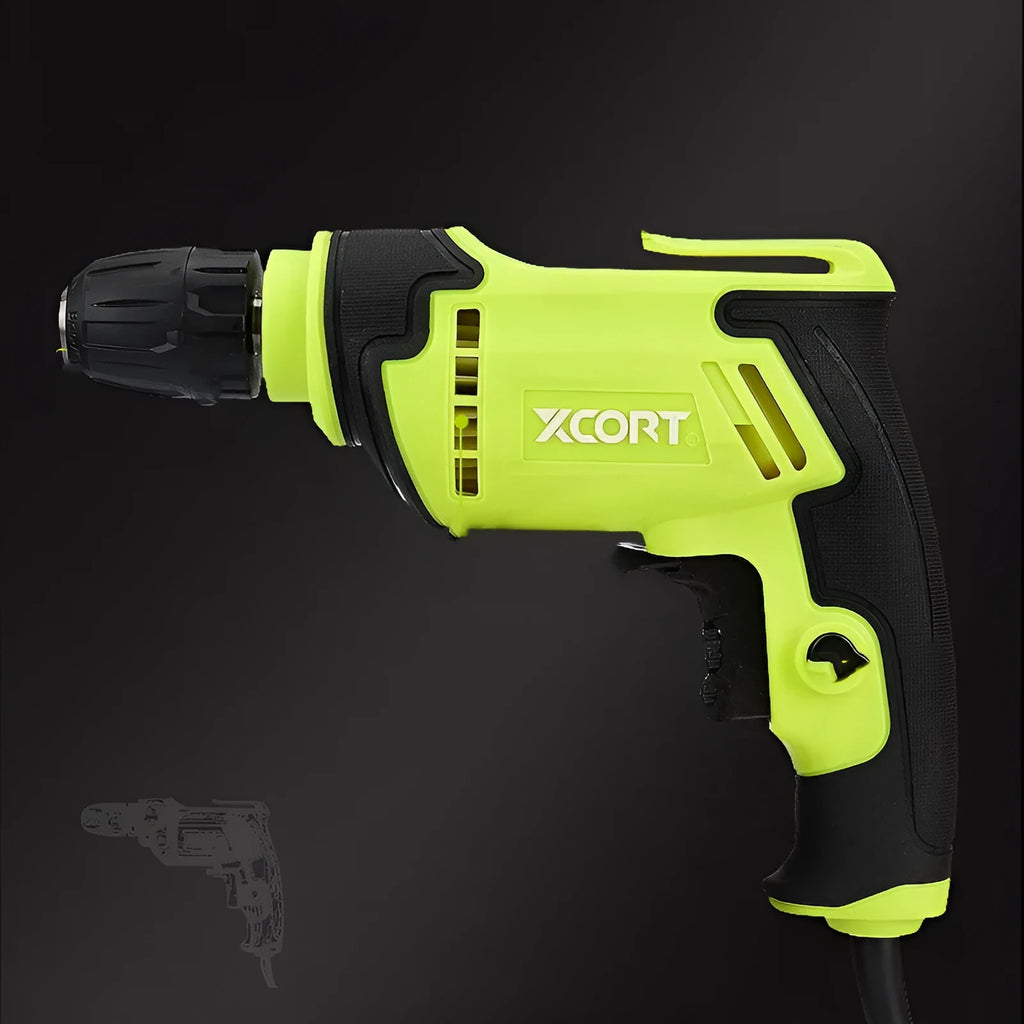A black pistol-grip electric hand drill with a 10mm chuck, shown on a workbench.