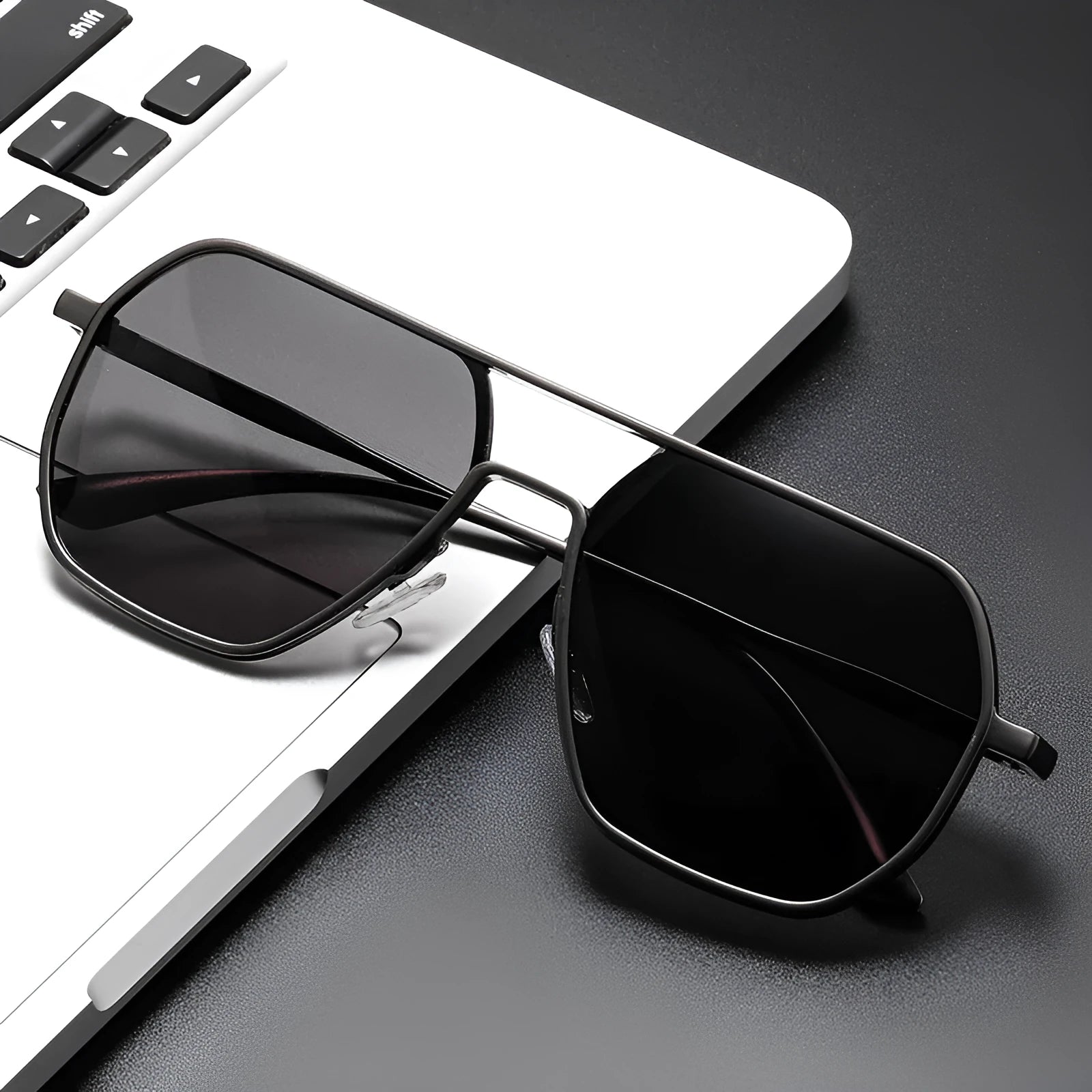 Men's polarised sunglasses with irregular frame in black, gold, or gunmetal with UV protection lenses.