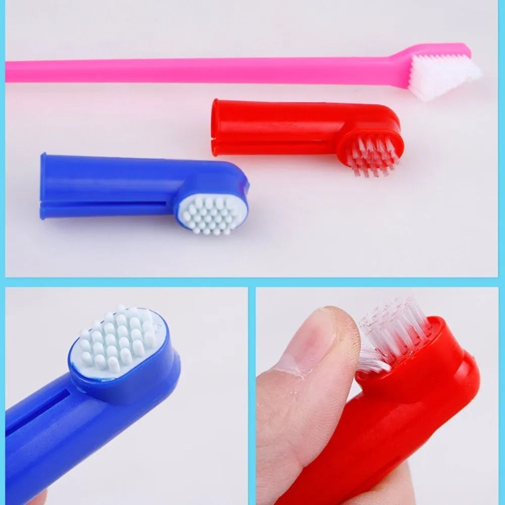 Pet toothbrush set with double head plastic brush and two soft silicone finger toothbrushes for dogs and cats