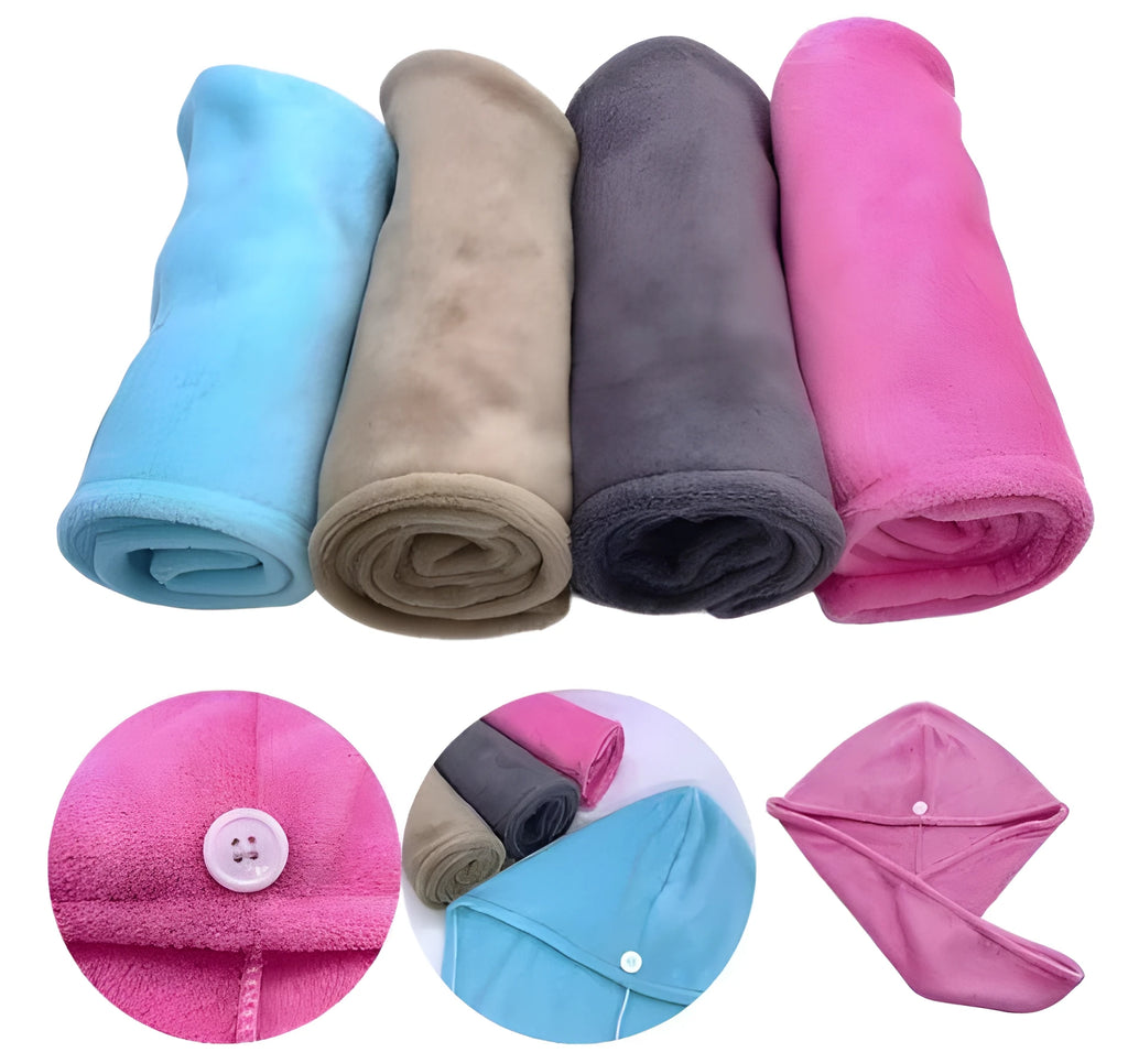 Magic microfiber hair drying towel in pink with button fastening, measuring 25x65cm