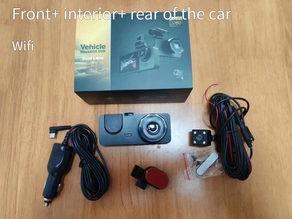 Car driving recorder with 1080p night vision and 360-degree camera on car windscreen