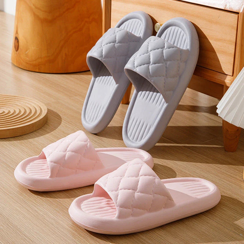 Stylish and comfortable rhombus-patterned slippers for indoor and bathroom use, featuring breathable, waterproof, and non-slip design in multiple vibrant colors.