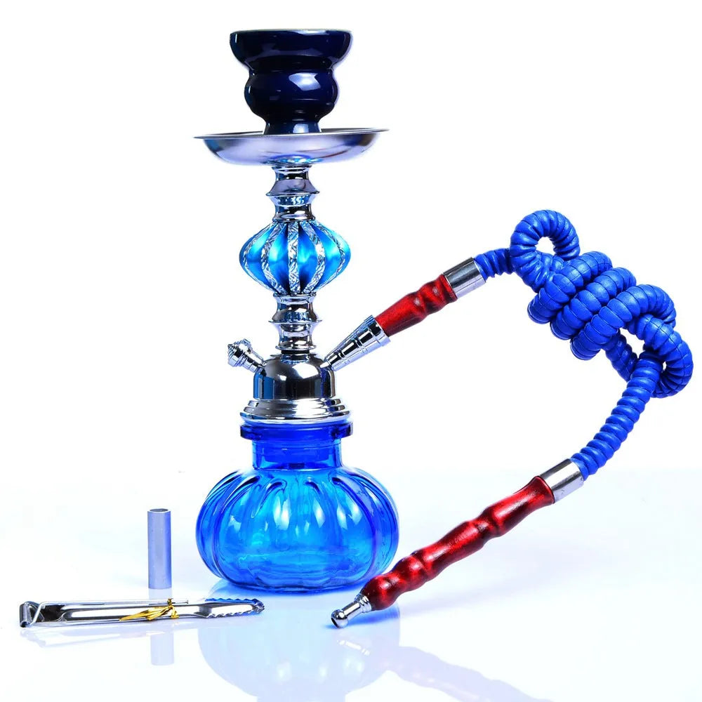 Clear glass single tube hookah bottle 26cm tall with black base on table
