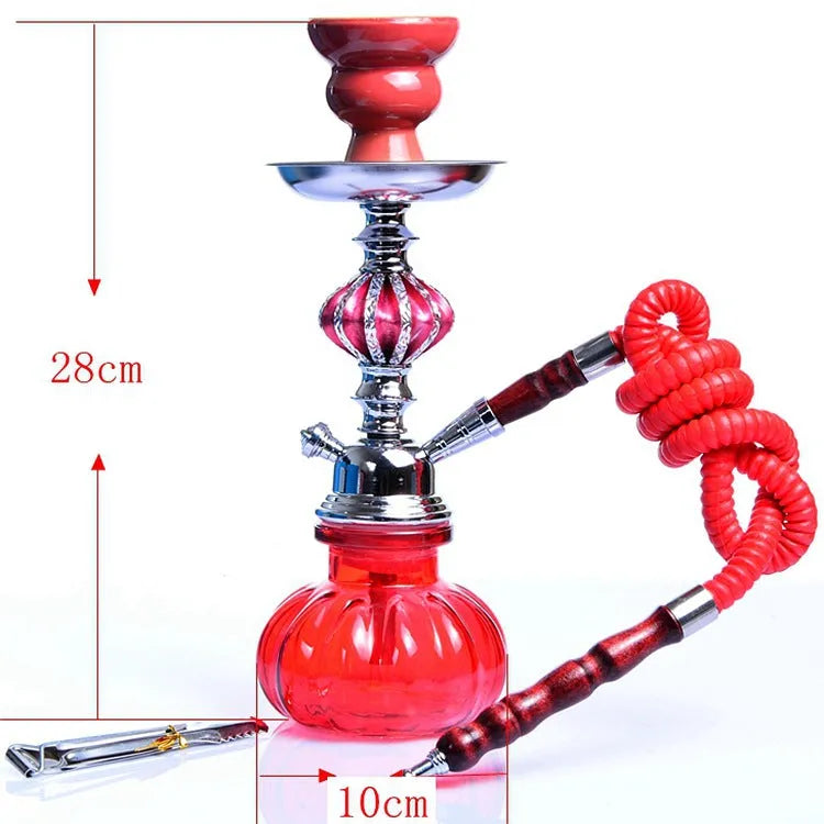 Clear glass single tube hookah bottle 26cm tall with black base on table