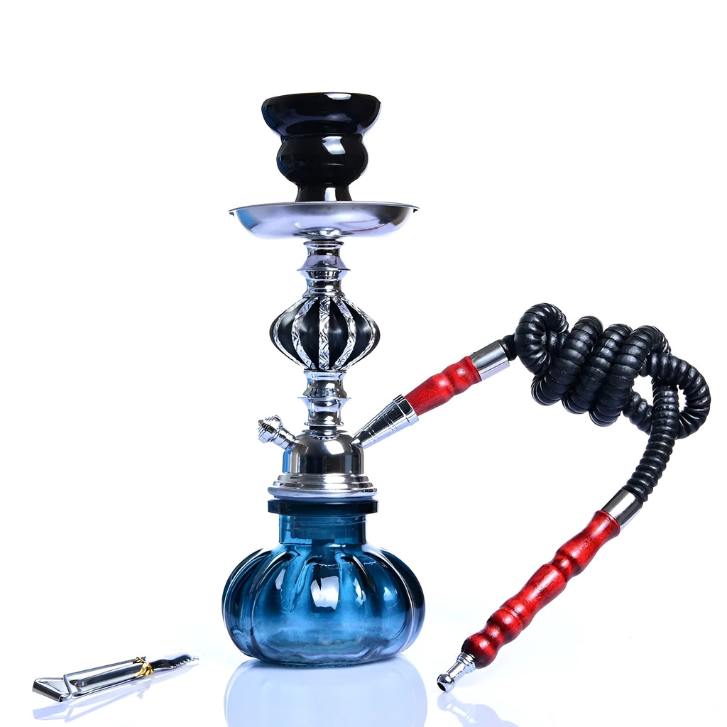 Clear glass single tube hookah bottle 26cm tall with black base on table