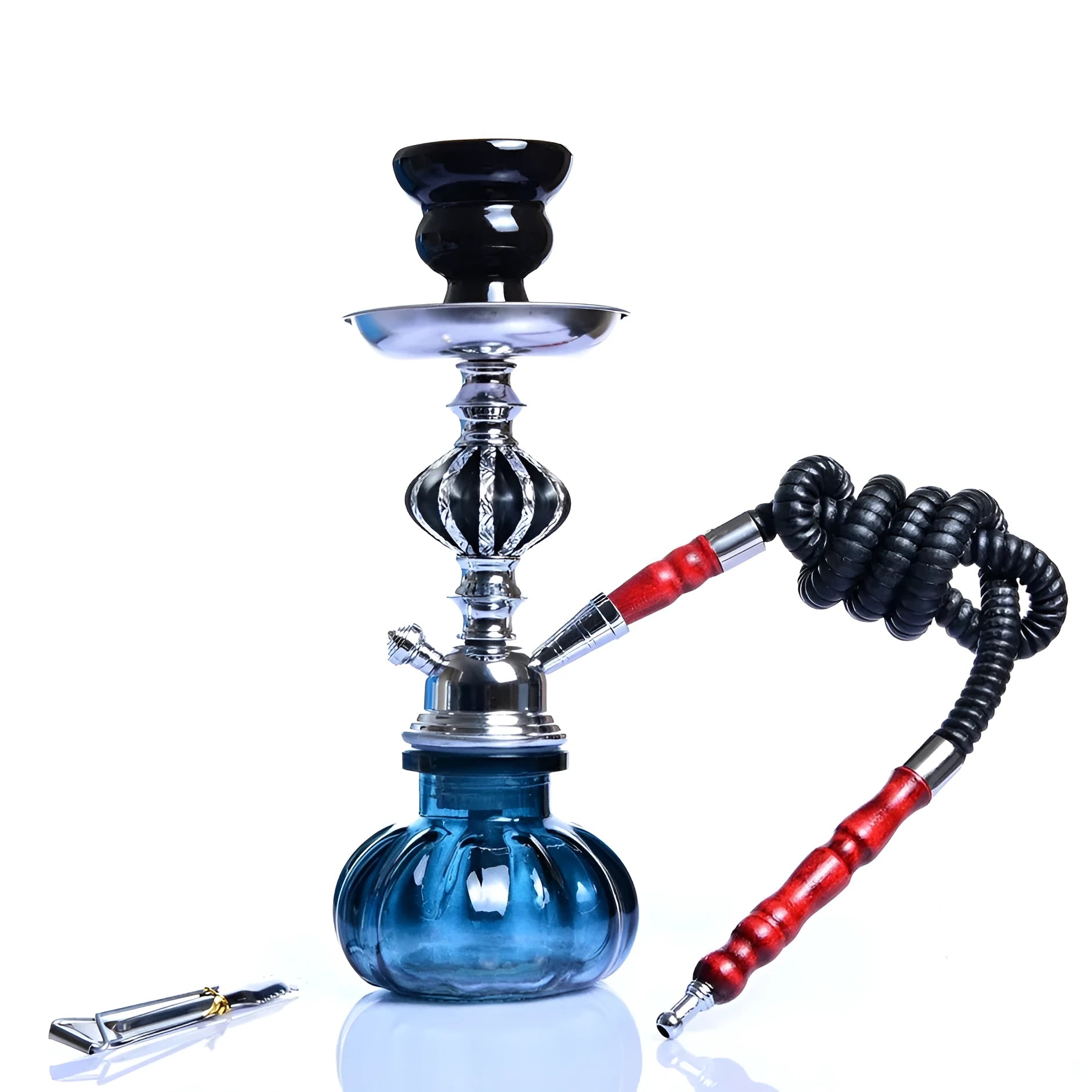 Clear glass single tube hookah bottle 26cm tall with black base on table
