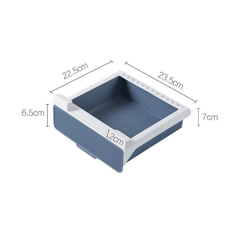 Under cabinet hanging storage box for kitchen utensils in white, green, and blue