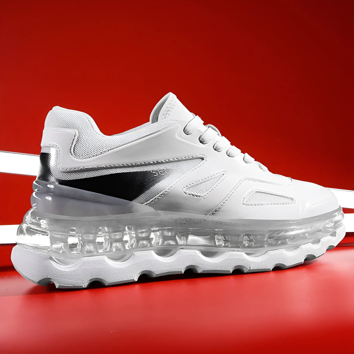 Men's white PU air cushion sports shoes with full palm cushion and lace-up closure