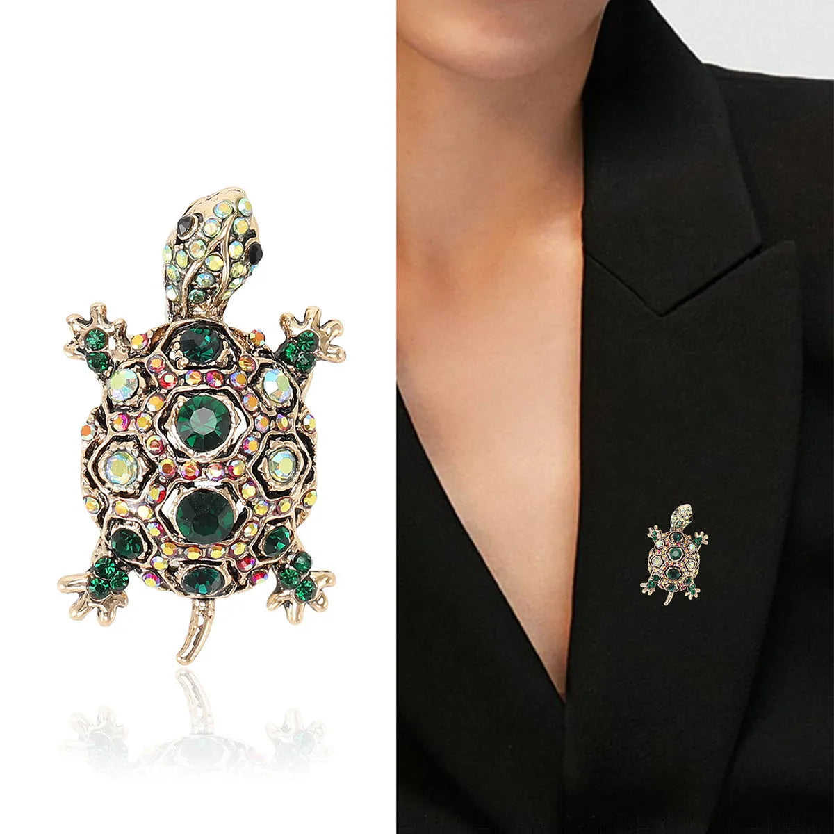 Retro rhinestone turtle brooch in alloy with diamond treatment, available in blue green red colours