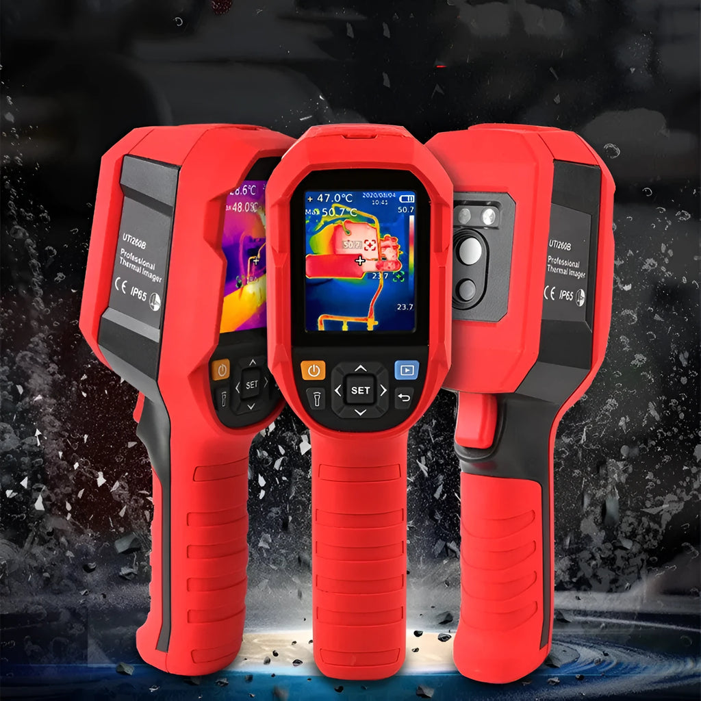 UTi series handheld infrared thermal imager displaying a thermal image on its screen.