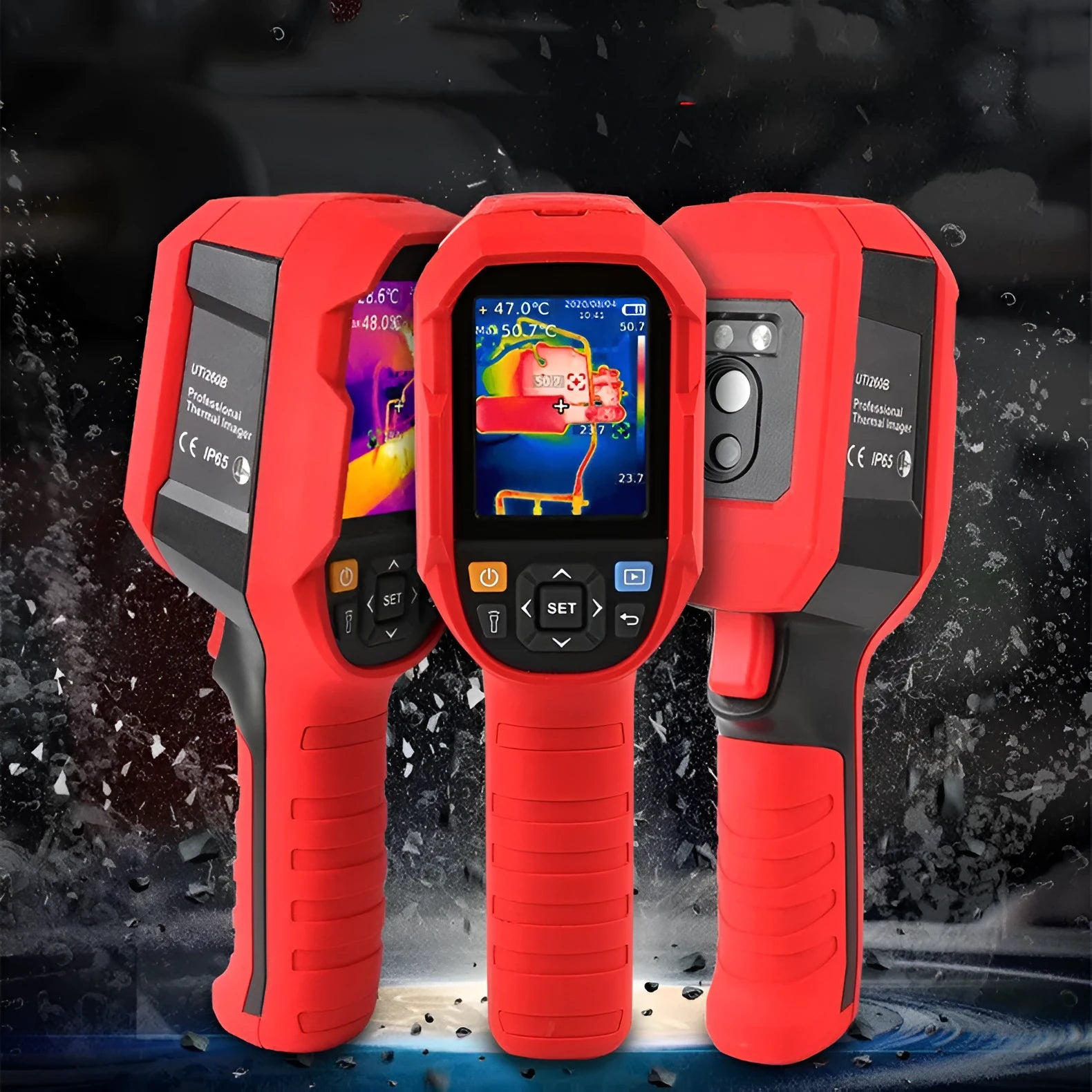 UTi series handheld infrared thermal imager displaying a thermal image on its screen.