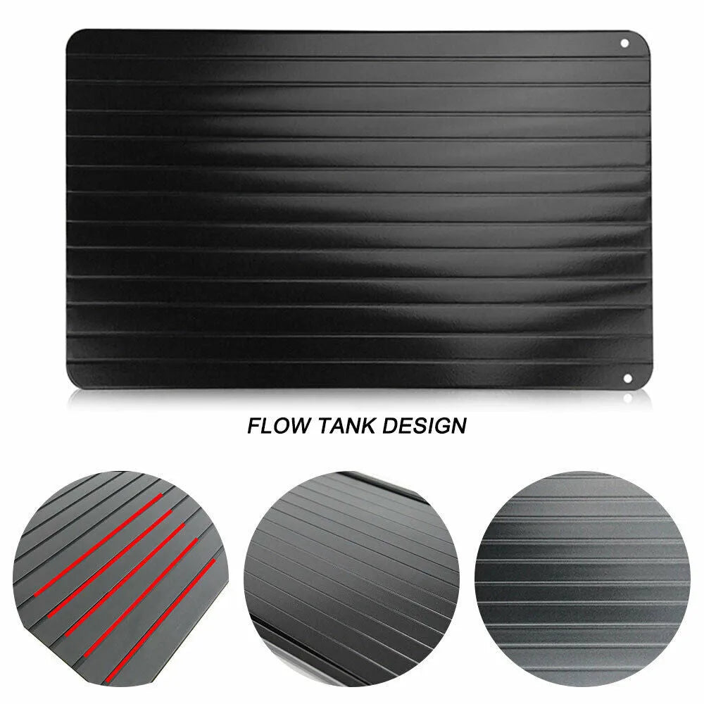 Black aluminium fast defrost tray for thawing frozen meat and food quickly without electricity.