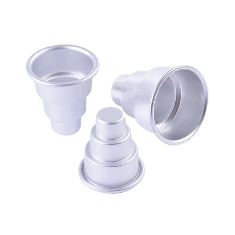 Silver aluminium alloy three-layer cake mould set showing large, medium and small graduated sizes
