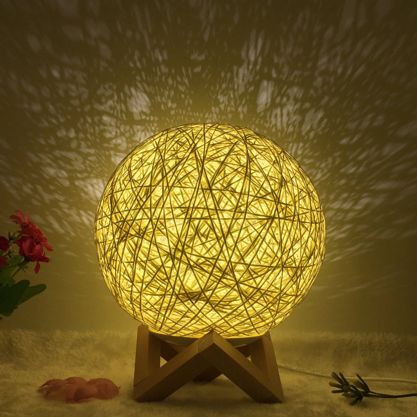 LED rattan table lamp with hand-knit lampshade in various colours