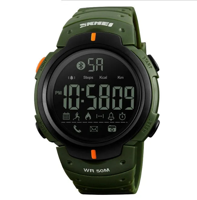 50mm round smart watch with black or army green PU strap and stainless steel buckle
