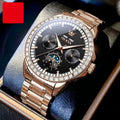 Men's automatic mechanical watch with diamond dial on a stainless steel bracelet, showing the transparent case back.