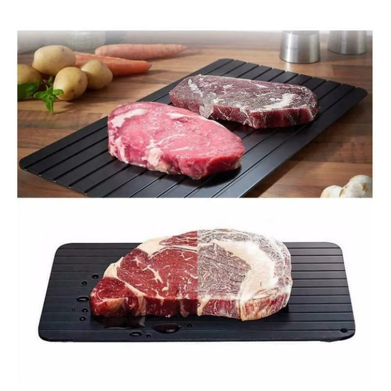 Black aluminium fast defrost tray for thawing frozen meat and food quickly without electricity.